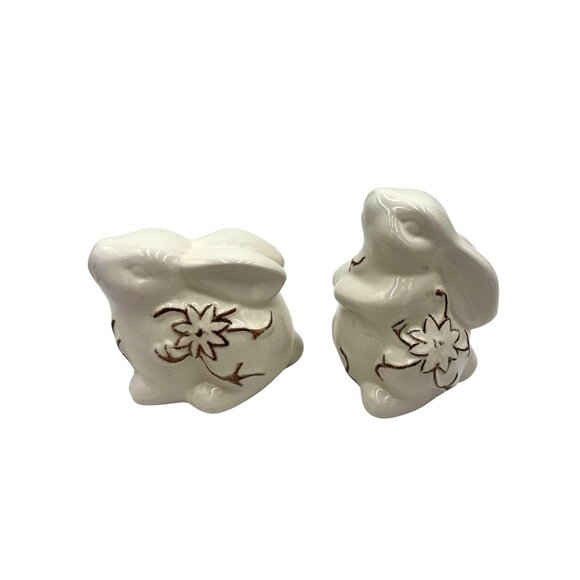 Ceramic Bunny Figurines Set Of 2 Floral Design For Home Decor - Picture 4 of 5